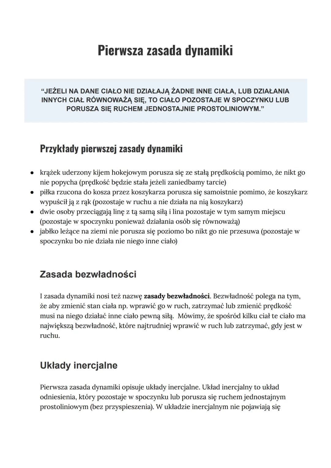 Pierwsza zasada dynamiki
"JEŻELI NA DANE CIAŁO NIE DZIAŁAJĄ ŻADNE INNE CIAŁA, LUB DZIAŁANIA
INNYCH CIAŁ RÓWNOWAŻĄ SIĘ, TO CIAŁO POZOSTAJE W 