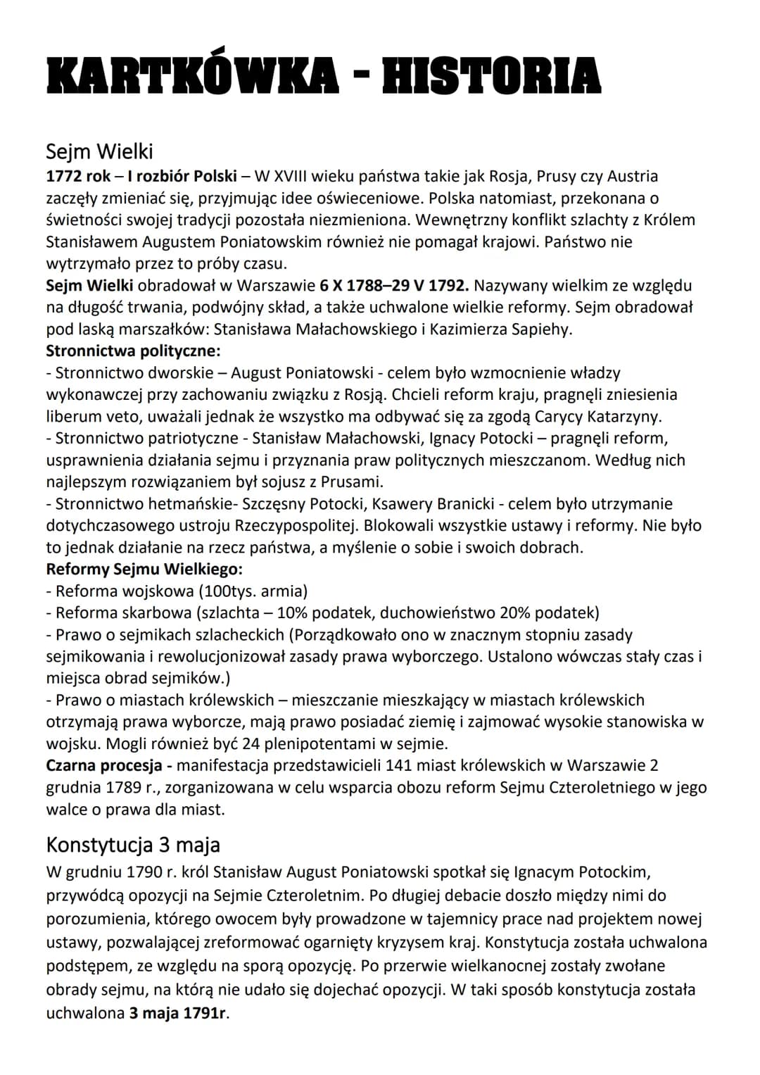 KARTKÓWKA - HISTORIA
Sejm Wielki
1772 rok - I rozbiór Polski - W XVIII wieku państwa takie jak Rosja, Prusy czy Austria
zaczęły zmieniać się
