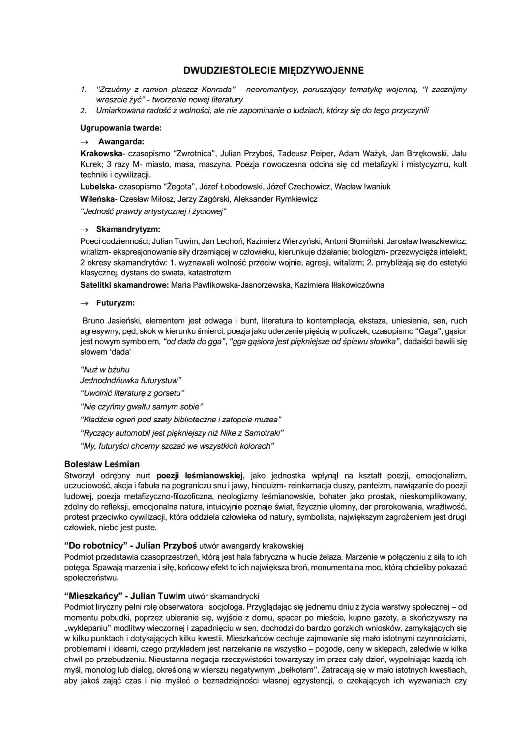 DWUDZIESTOLECIE MIĘDZYWOJENNE
1. "Zrzućmy z ramion płaszcz Konrada" - neoromantycy, poruszający tematykę wojenną, "I zacznijmy
wreszcie żyć"