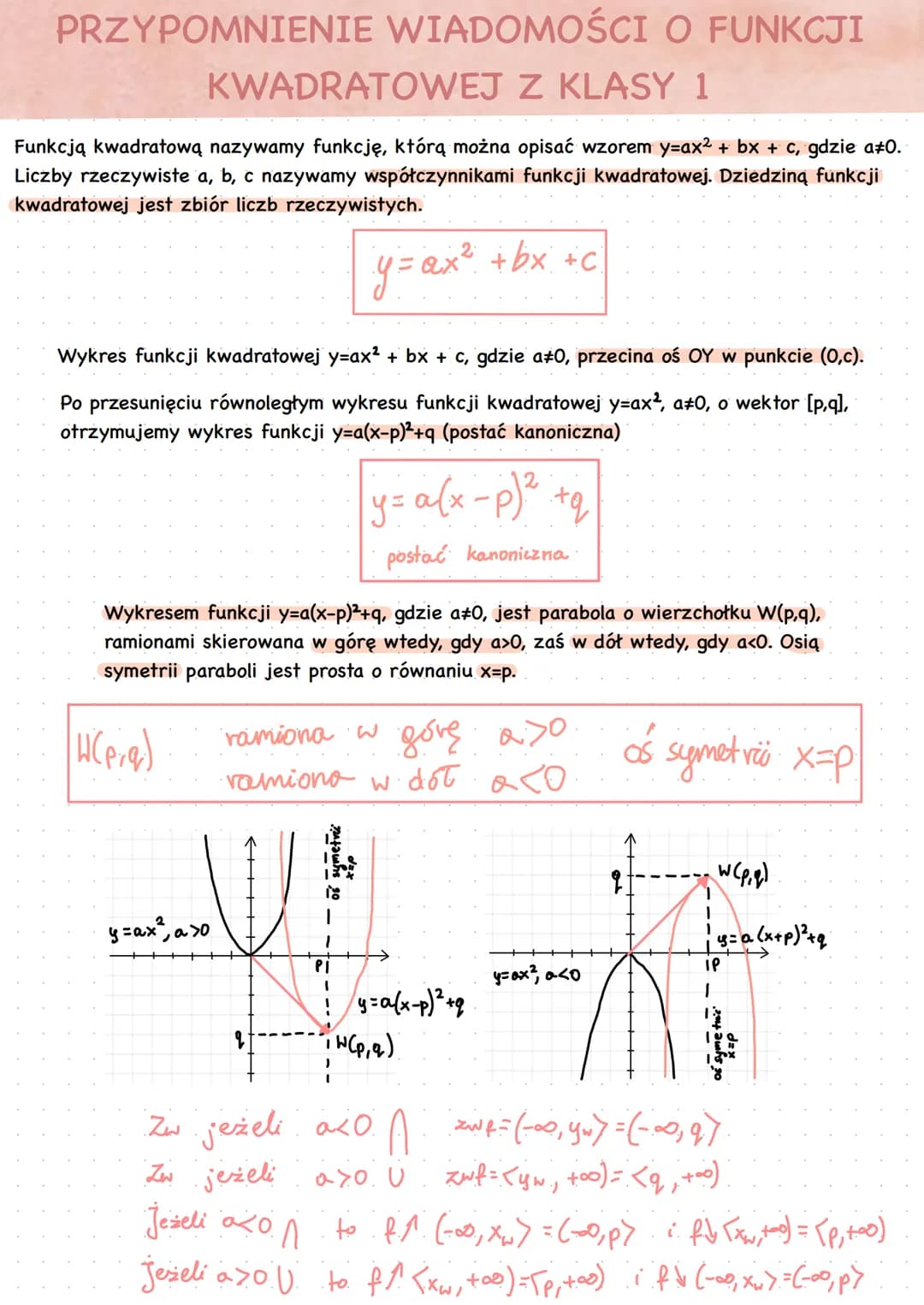 WYZNACZANIE WZORU FUNKCJI KWADRATOWEJ NA
PODSTAWIE JEJ WŁASNOŚCI
Jedno miejsce zerowe A=0 Miejscami zerowymi są 9 i -6.(x-²)(x+6)
₁+1 (-∞0,1