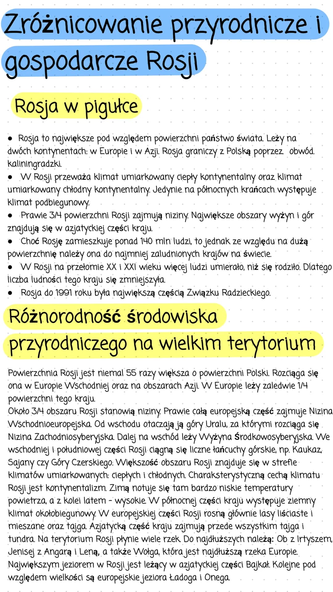 Zróżnicowanie przyrodnicze
gospodarcze Rosji
Rosja w pigułce
• Rosja to największe pod względem powierzchni państwo świata. Leży na
dwóch ko