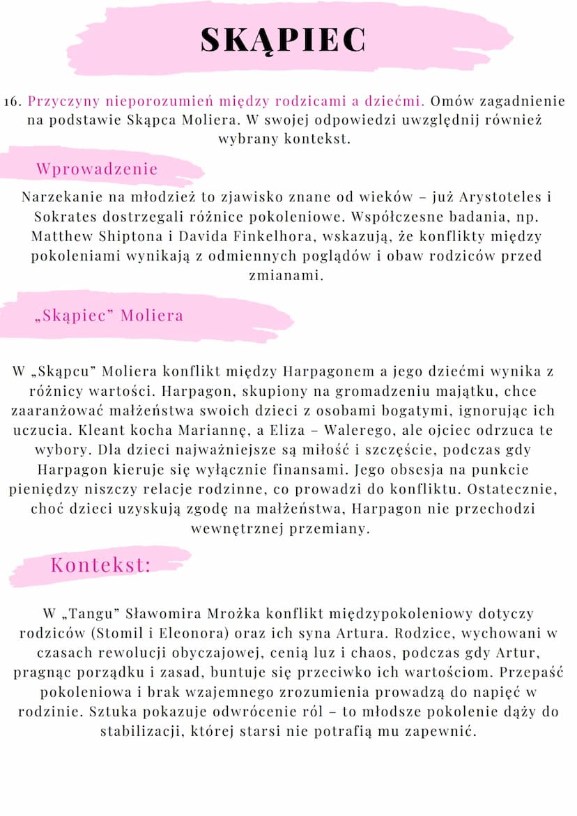 --- OCR Start ---
SKĄPIEC
15. Czy dobra materialne czynią człowieka szczęśliwym? Omów zagadnienie na
podstawie Skąpca Moliera. W swojej odpo