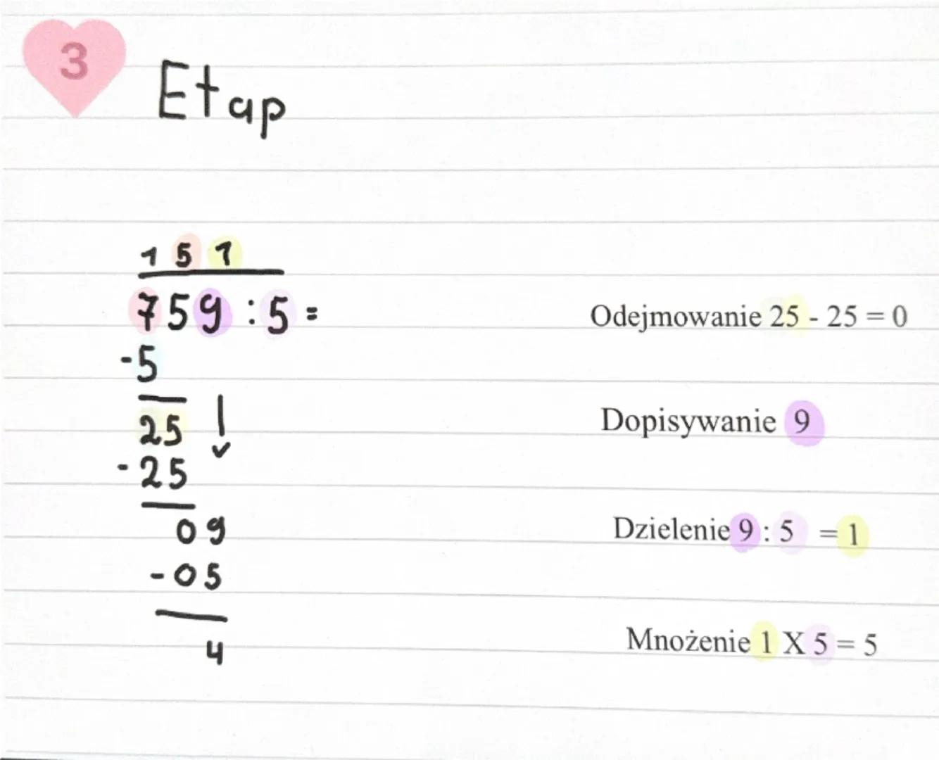 Dzielenie pisemne
Przykład: 59:5?
Etap
1
Dzielenie pisemne
Dzielenie 7:5 = 1
759:5=
Mnożenie 1x5=5
-5
2
Etap
15
759:5=
50
25
25
Odejmowanie 