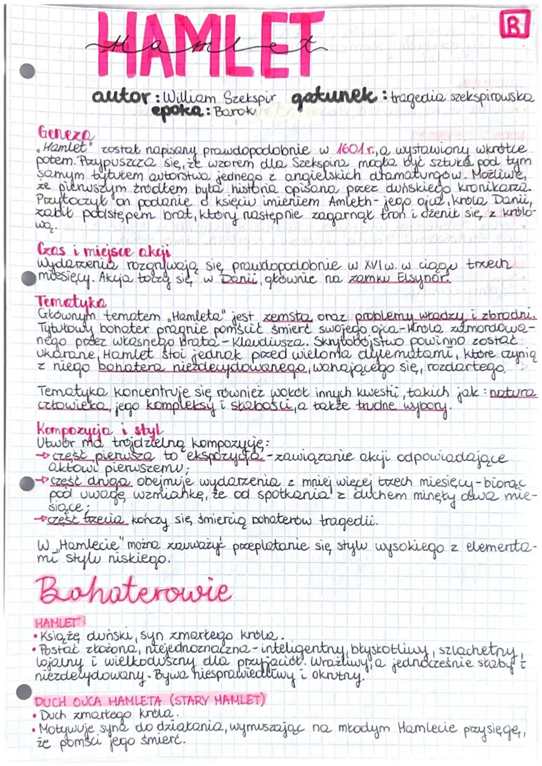 # HAMLET

B
autor: William Szekspir gatunek: tragedia szekspirowska
epoka: Barok

Geneza
„Hamlet” został napisany prawdopodobnie w 1601 r., 