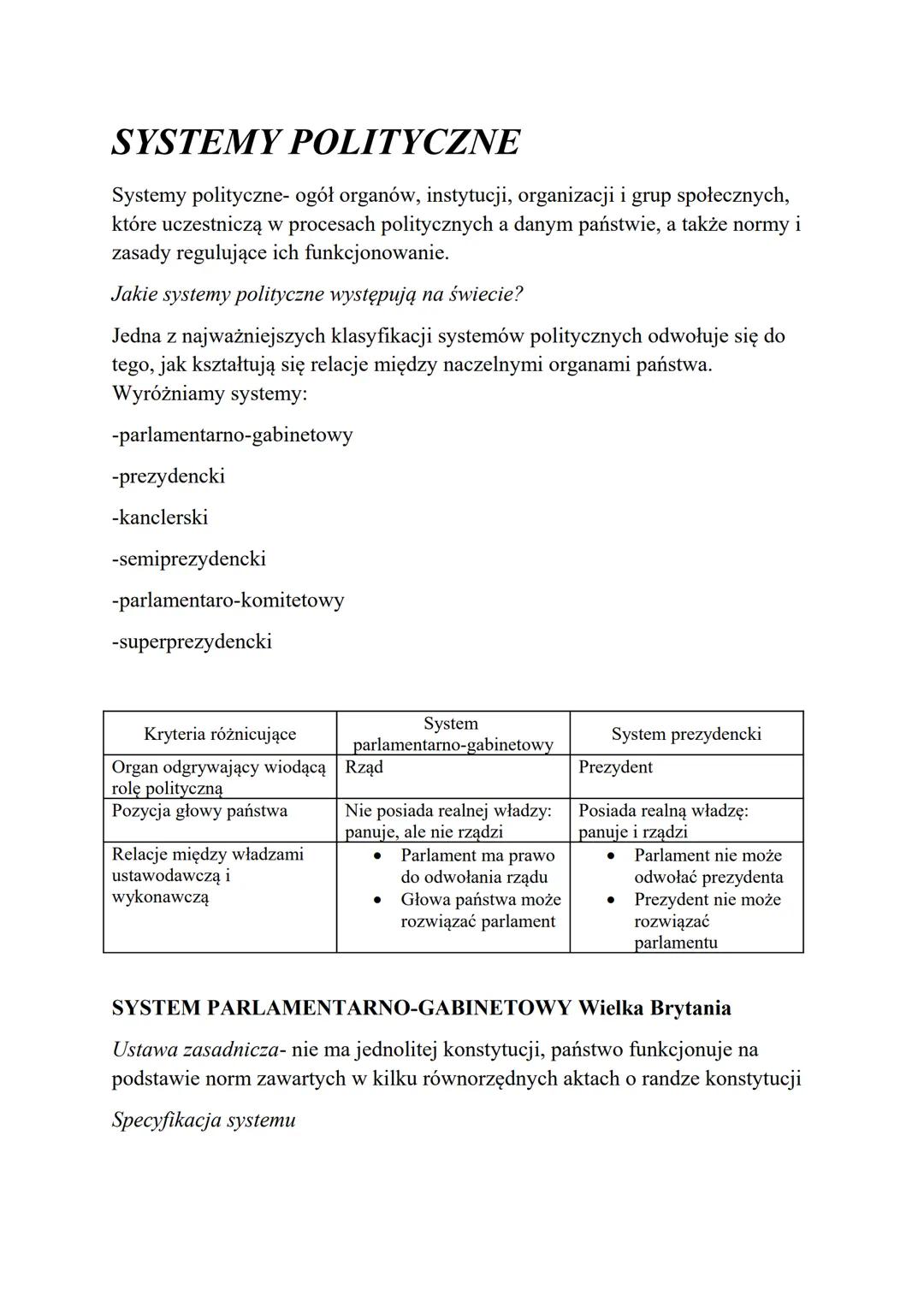 SYSTEMY POLITYCZNE
Systemy polityczne- ogół organów, instytucji, organizacji i grup społecznych,
które uczestniczą w procesach politycznych 