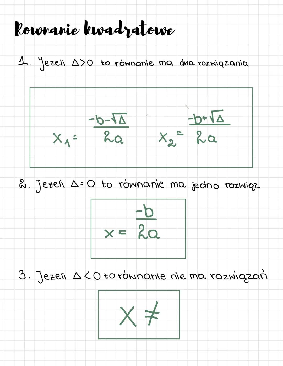 Rownanie kwadratowe
1. Jezeli A>O to równanie ma dwa rozwiązania
Х1=
-b+√A
ha X₂= 2a
-6-√7
2. Jezeli A=0 to równa nie ma jedno rozwiąz
-b
x 