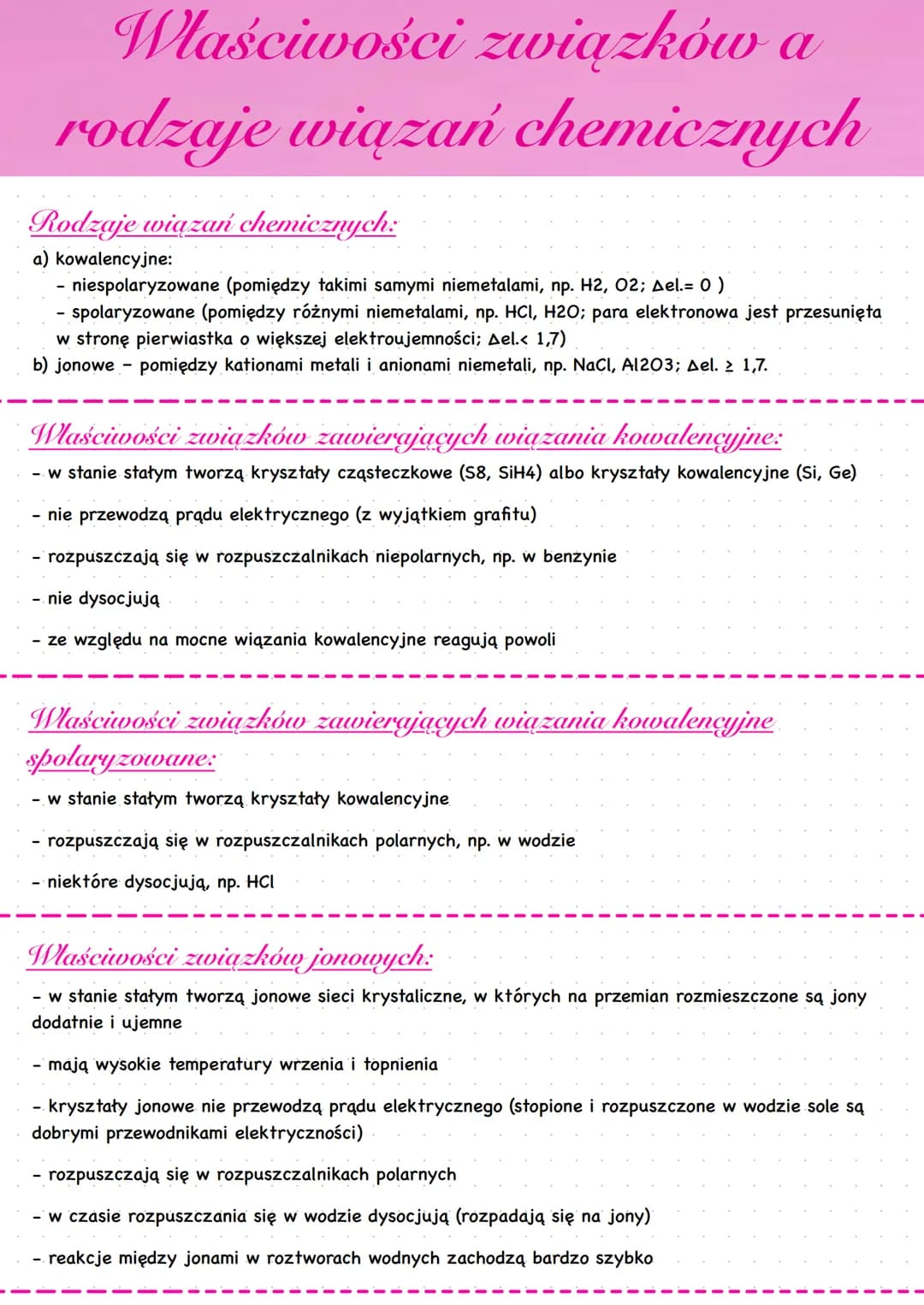 Właściwości związków a
rodzaje wiązań chemicznych
Rodzaje wiązań chemicznych:
a) kowalencyjne:
niespolaryzowane (pomiędzy takimi samymi niem