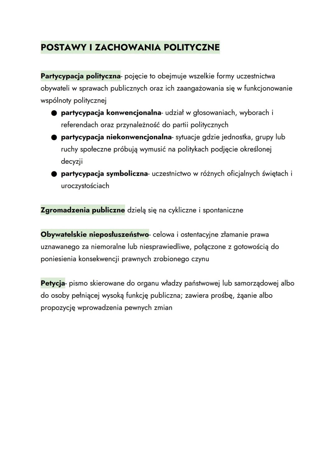POSTAWY I ZACHOWANIA POLITYCZNE
Partycypacja polityczna- pojęcie to obejmuje wszelkie formy uczestnictwa
obywateli w sprawach publicznych or