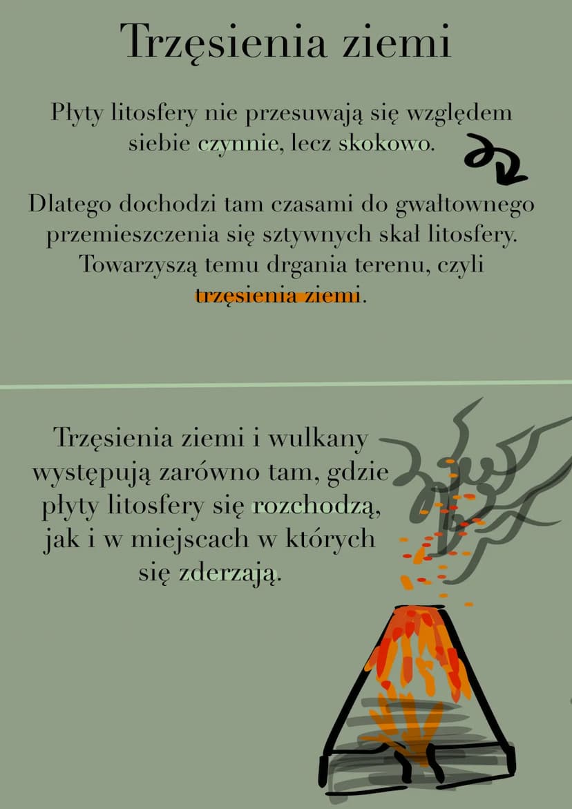 Trzęsienia ziemi
Płyty litosfery nie przesuwają się względem
siebie czynnie, lecz skokowo.
Dlatego dochodzi tam czasami do gwałtownego
przem
