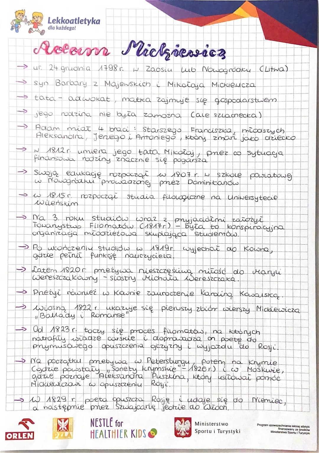 Lekkoatletyka
dla każdego!
Aclam Mickiewicz
Zaostu
Lub Nowogróaku (Litwa)
ur. 24 grudnia 1798r. W
→ syn Barbary 2 Majewskich i Mikołaja Mick