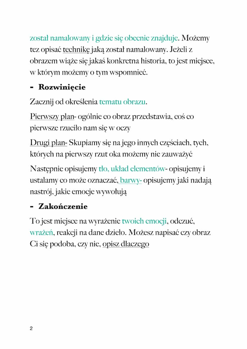 Krok po kroku, jak poprawie opisać obraz
JAK OPISAĆ OBRAZ?
Opis obrazu jest podzielony na trzy części (wstęp,
rozwinięcie i zakończenie), a 