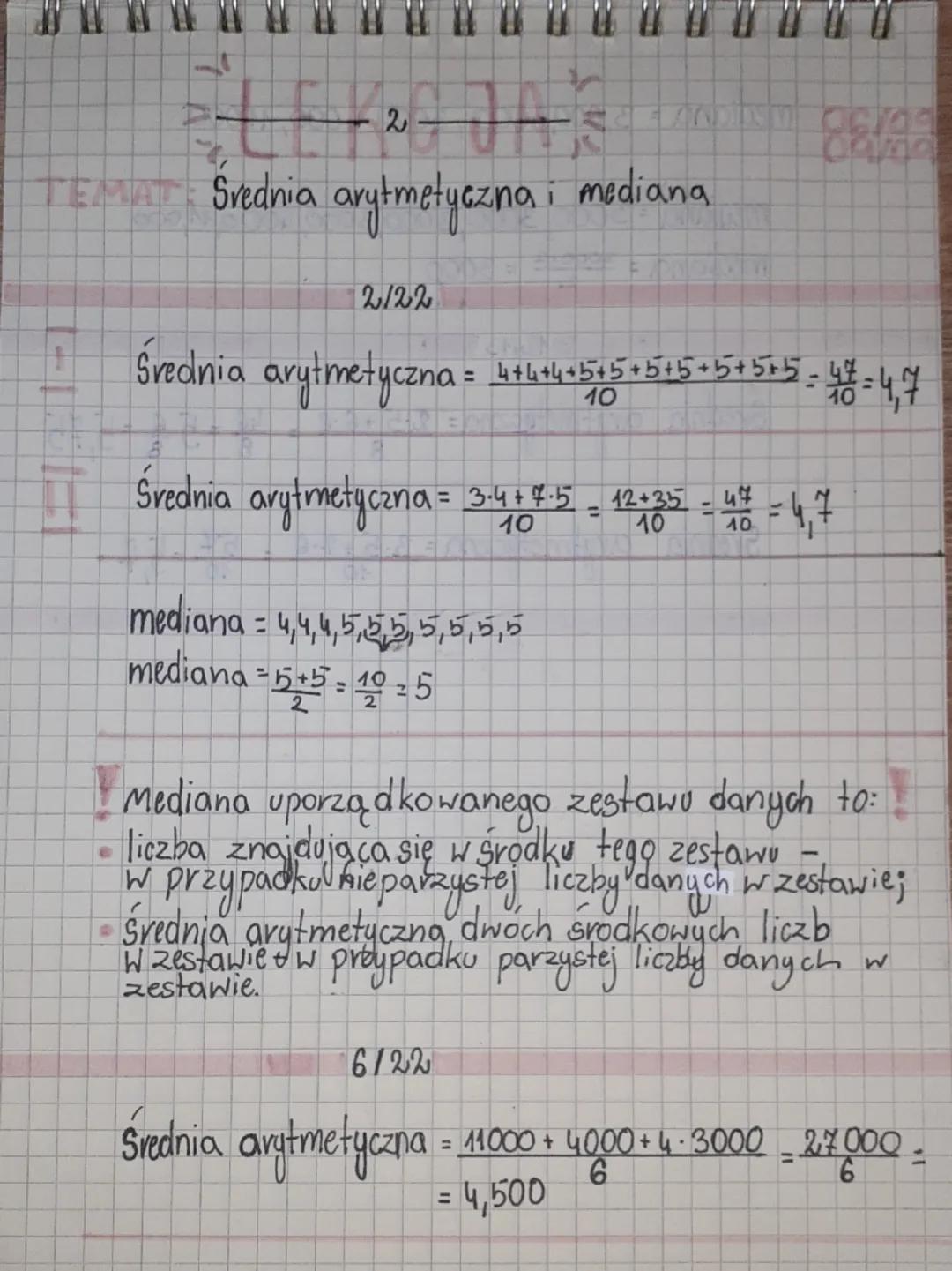 2
TEMAT : Srednia
arytmetyczna i
mediana
2122
Średnia arytmetyczna = 4+4 +4 +5 +5 +5 +5 +5 +5 +5 = 48 = 4,7
Średnia arytmetyczna = 3.4+7.5 -
