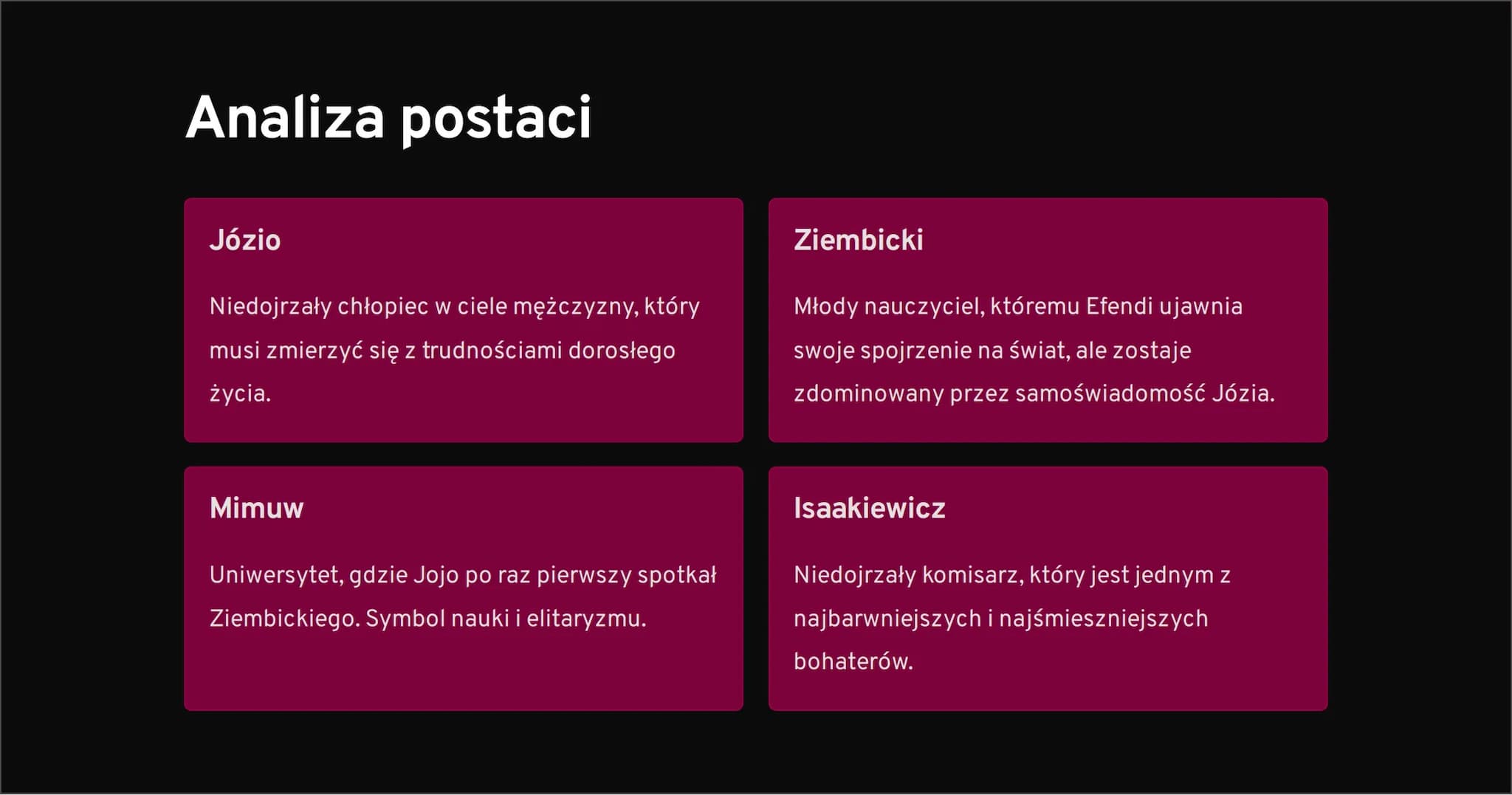 "Ferdydurke"
Powieść Witolda Gombrowicza, opisująca historię młodego człowieka,
którego życie zostaje zakłócone przez nagłe nawiedzenie prze