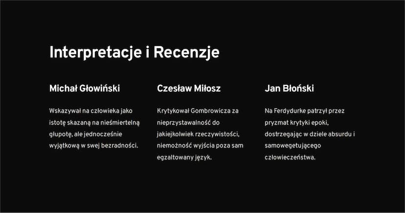 "Ferdydurke"
Powieść Witolda Gombrowicza, opisująca historię młodego człowieka,
którego życie zostaje zakłócone przez nagłe nawiedzenie prze