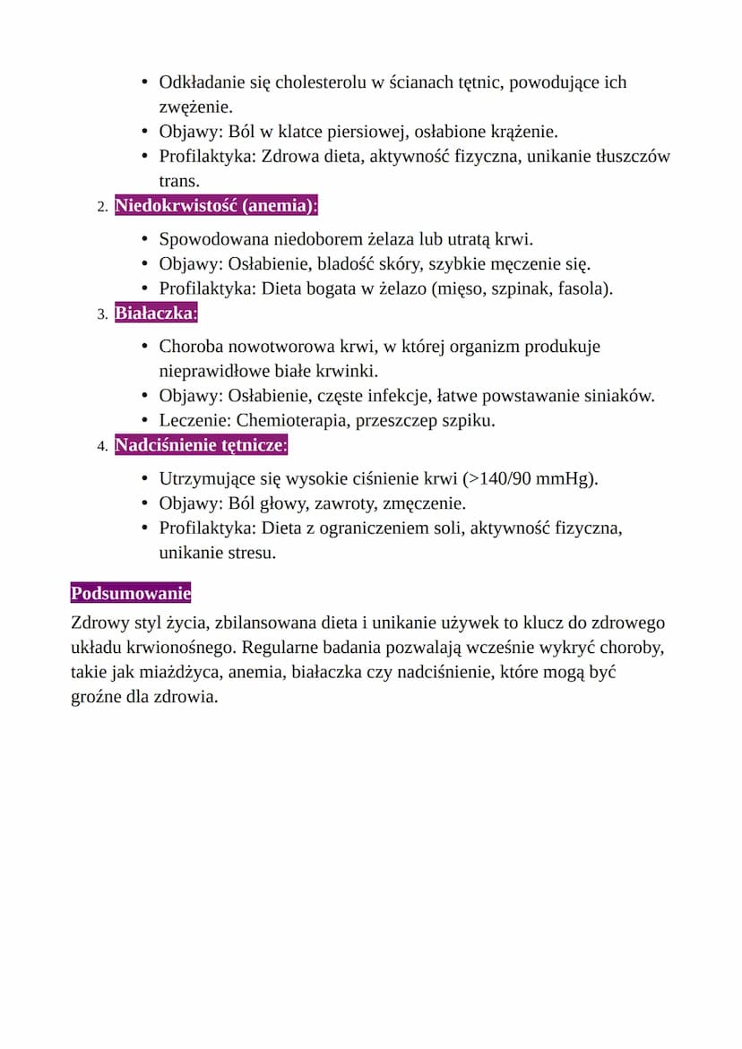 Higiena i choroby układu krwionośnego – Klasa 7
Jak dbać o układ krwionośny?
1. Zdrowa dieta:
•
Unikaj tłustych potraw i nadmiaru soli.
⚫ Je