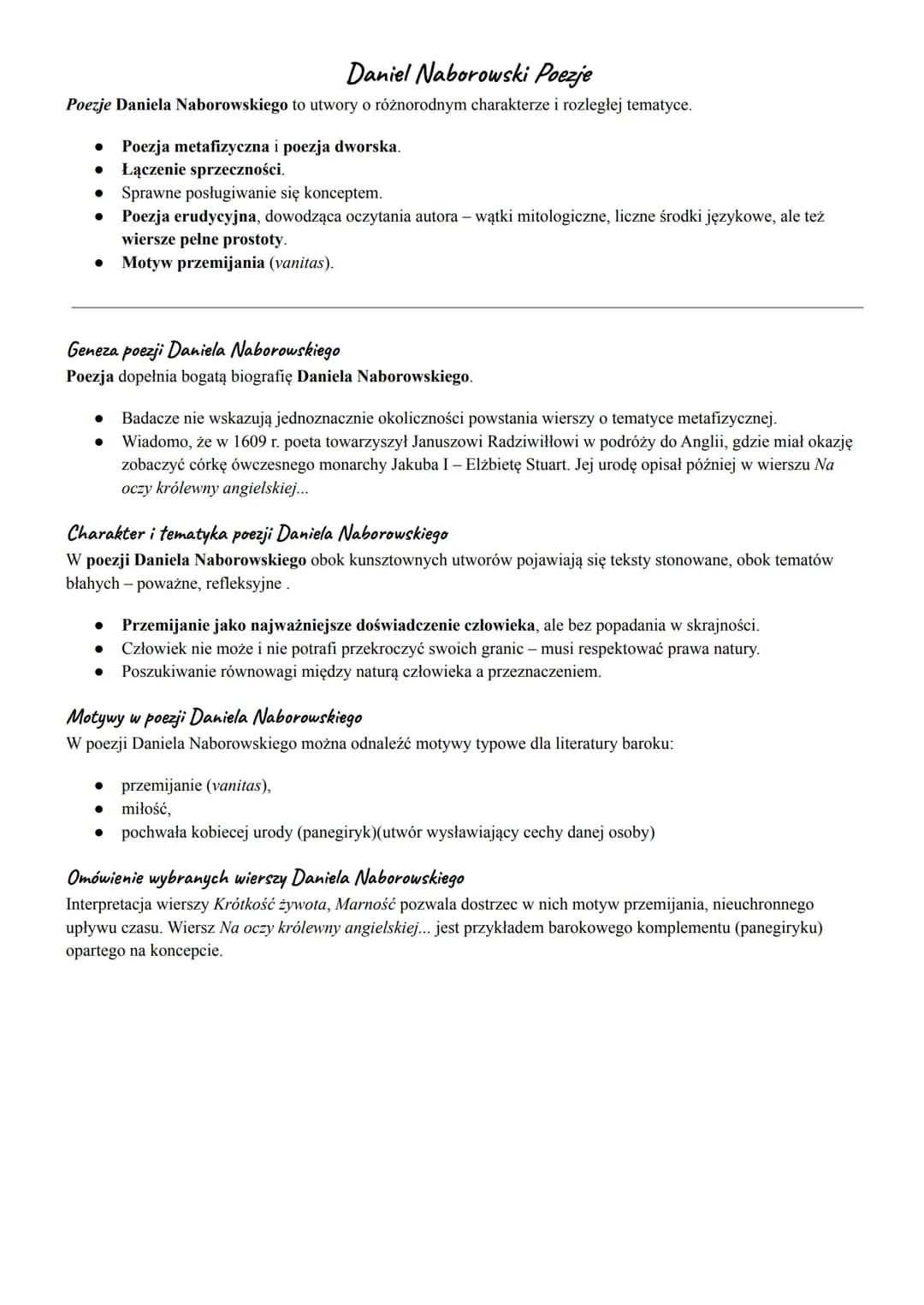 Daniel Naborowski Poezje
Poezje Daniela Naborowskiego to utwory o różnorodnym charakterze i rozległej tematyce.
● Poezja metafizyczna i poez