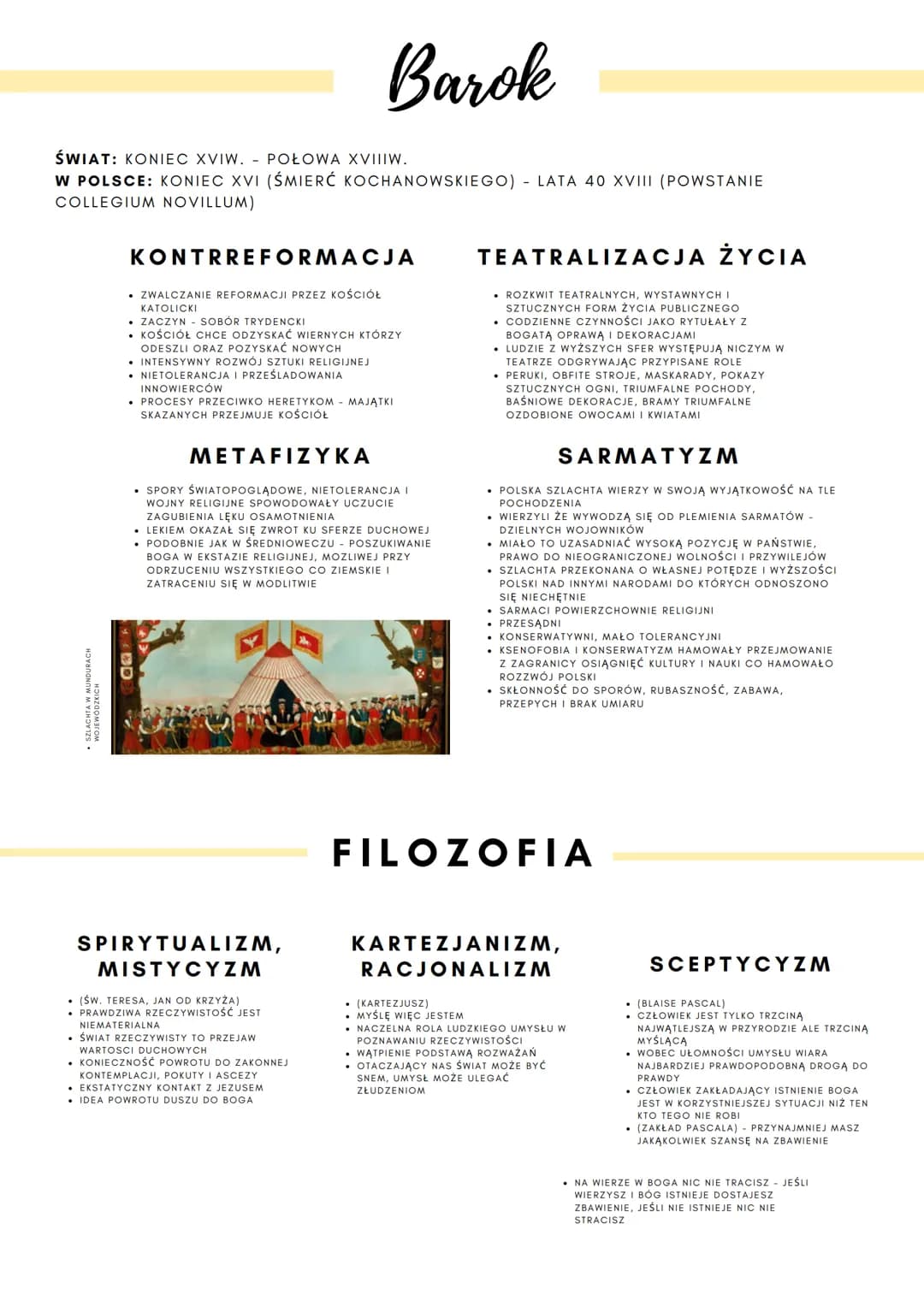 Barok
ŚWIAT: KONIEC XVIW. POŁOWA XVIIIW.
W POLSCE: KONIEC XVI (ŚMIERĆ KOCHANOWSKIEGO) - LATA 40 XVIII (POWSTANIE
COLLEGIUM NOVILLUM)
SZLACHT