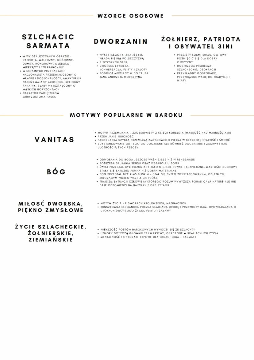 Barok
ŚWIAT: KONIEC XVIW. POŁOWA XVIIIW.
W POLSCE: KONIEC XVI (ŚMIERĆ KOCHANOWSKIEGO) - LATA 40 XVIII (POWSTANIE
COLLEGIUM NOVILLUM)
SZLACHT