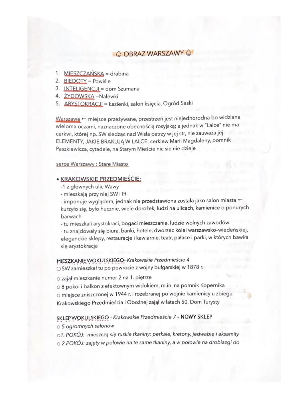 O OBRAZ WARSZAWY
1. MIESZCZAŃSKA = drabina
2. BIEDOTY
Powiśle
3. INTELIGENCJI = dom Szumana
4. ŻYDOWSKA =Nalewki
5. ARYSTOKRACJI = Łazienki,