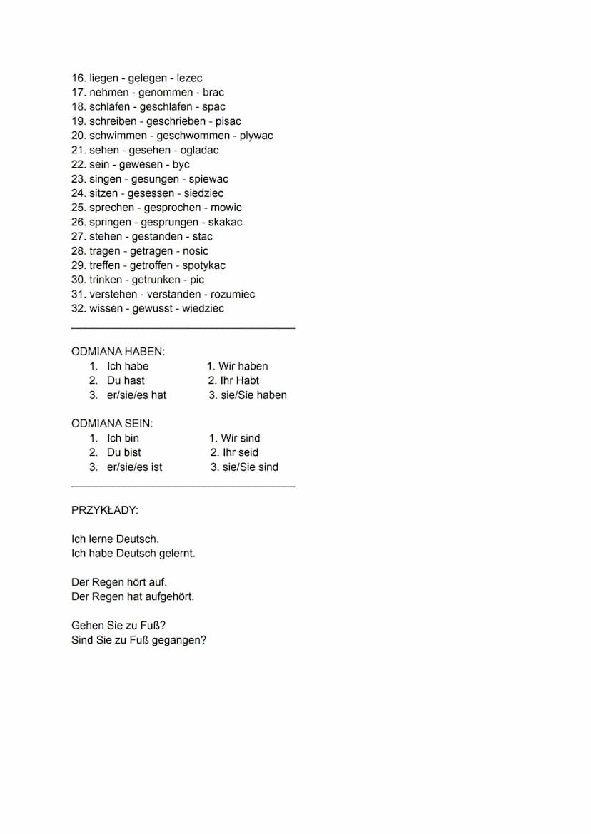 PERFEKT (CZAS PRZESZLY ZŁOŻONY)
CZASOWNIK POSIŁKOWY
(stoi obok podmiotu w formie odmienionej)
SEIN:
przemieszczanie się
zmiana położenia i s