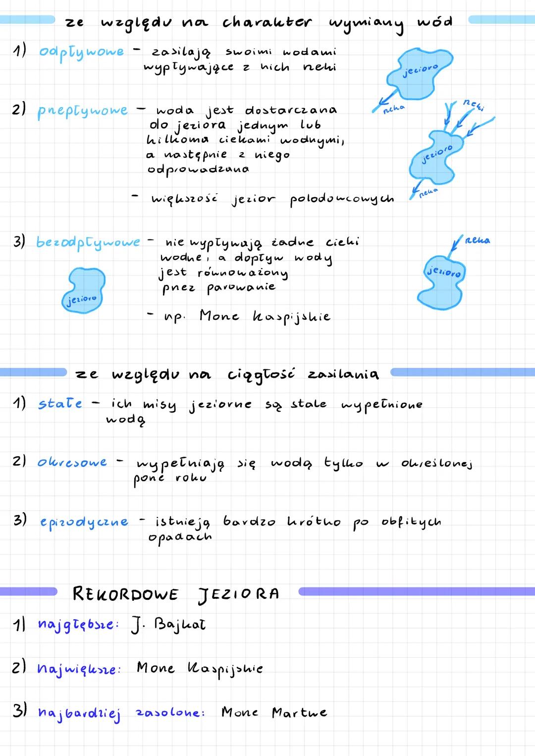 JEZILORA
jezioro - zbiornik wodny zajmujący naturalne zagłębienie
terenu, otaczają go lądy i
nie może być połączony
2 oceanami
rodzaje ze wz