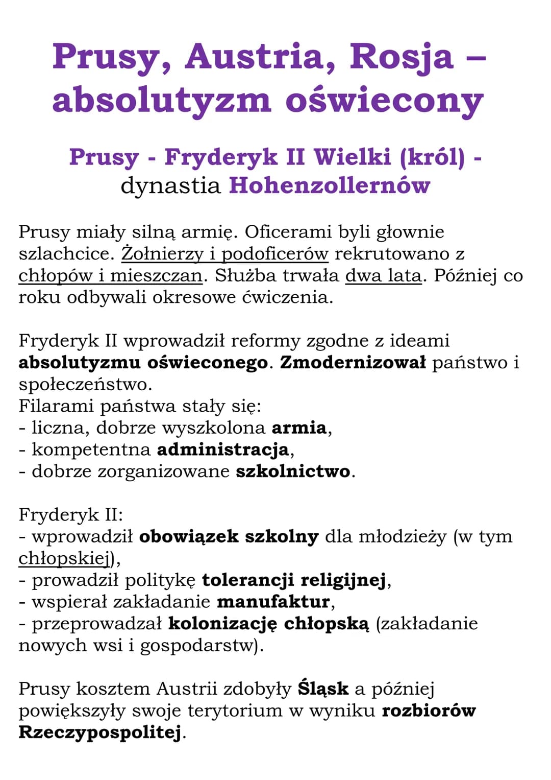Prusy, Austria, Rosja -
absolutyzm oświecony
Prusy - Fryderyk II Wielki (król) -
dynastia Hohenzollernów
Prusy miały silną armię. Oficerami 