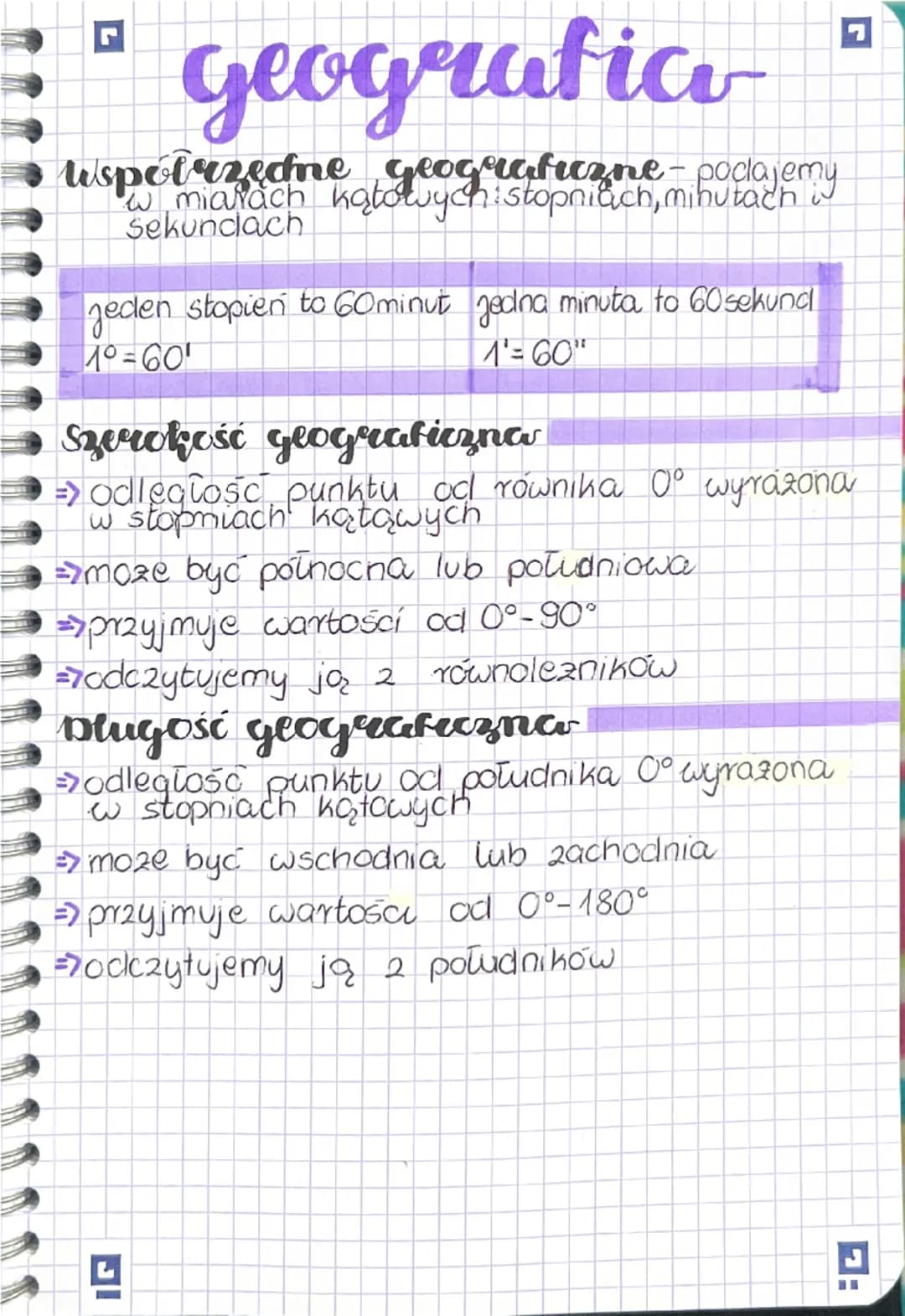 L
geografico
Współrzędne geografuzne- podajemy
w miarach kątowych: stopniach, minutach w
Sekundach
Jeden stopień to 60minut jedna minuta to 