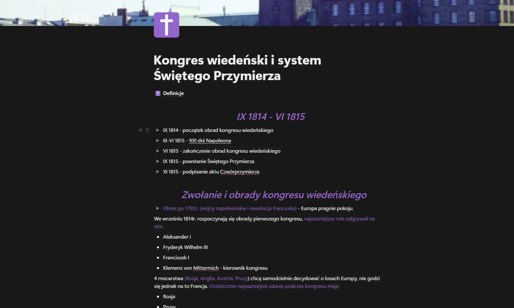 # Kongres wiedeński i system 
Świętego Przymierza

Definicje

IX 1814 - VI 1815

* IX 1814 - początek obrad kongresu wiedeńskiego
* III-VI 1