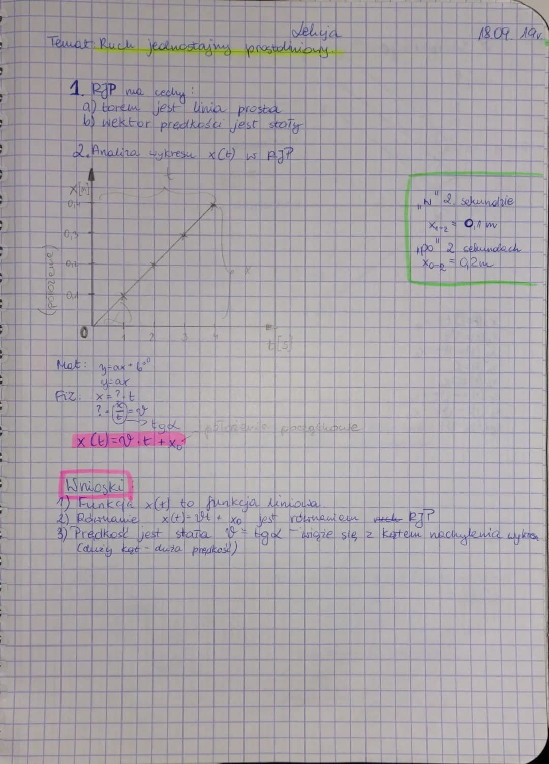 e
=
E
9
=
H
5
6
1
=
2
Lehya
Temat: Ruch jednostajng prostoliniowy.
(polozeme)
1. RJP ma cechy:
a) torem jest linia prosta
b) wektor prędkośc