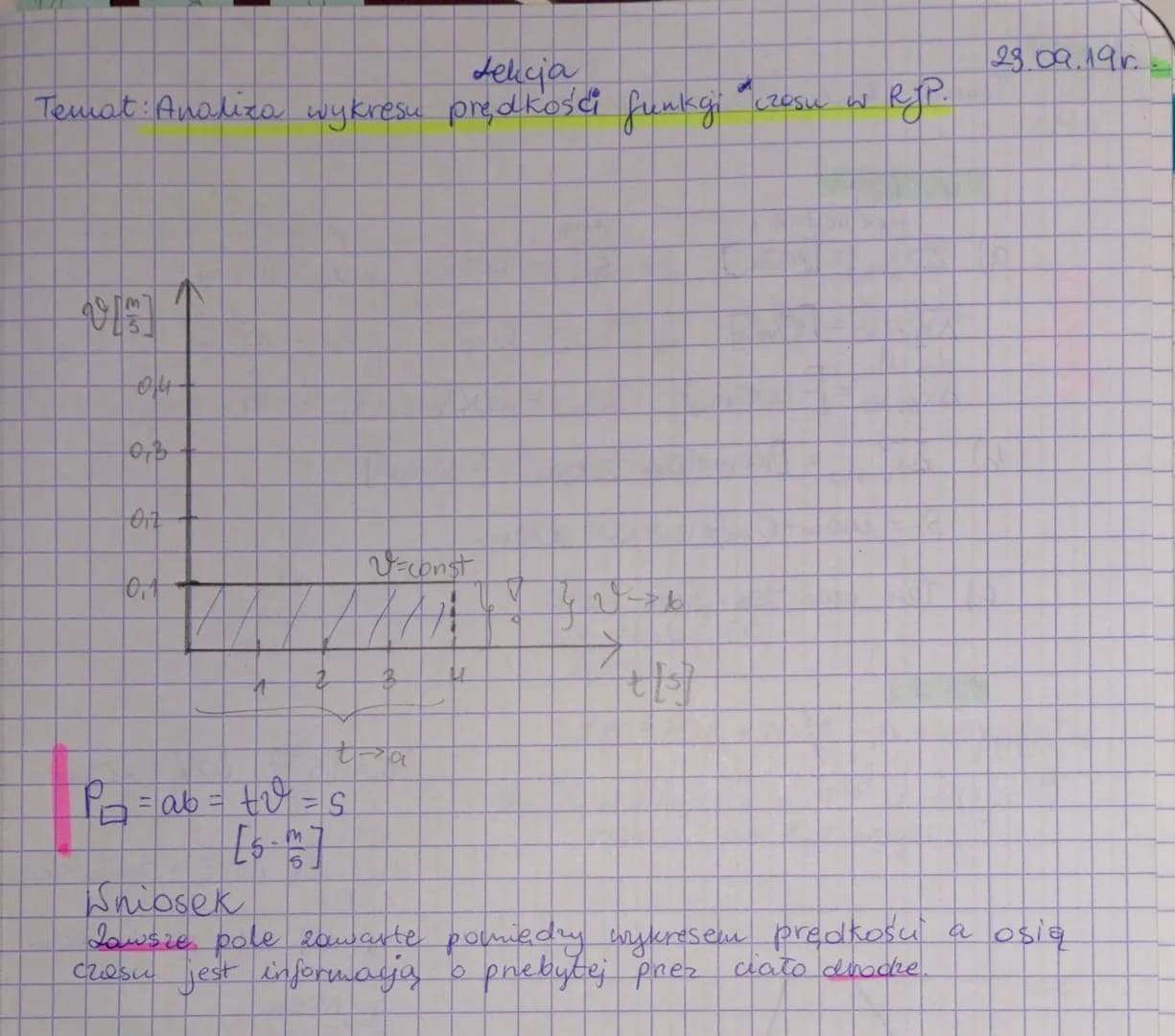 e
=
E
9
=
H
5
6
1
=
2
Lehya
Temat: Ruch jednostajng prostoliniowy.
(polozeme)
1. RJP ma cechy:
a) torem jest linia prosta
b) wektor prędkośc