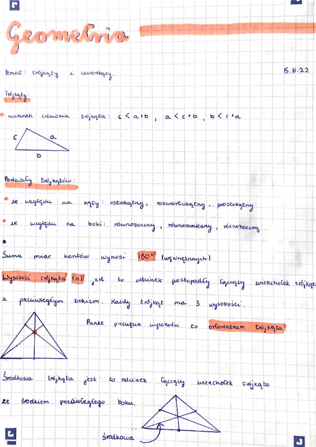 Geometrio
Temat: trojkąty.
Trójkąty
warunch
22
Suma
istnienia
Podziały trójkątów !
ze
b
ze względu
a
Środkowa
względu
i ceworokąty.
miar
na
