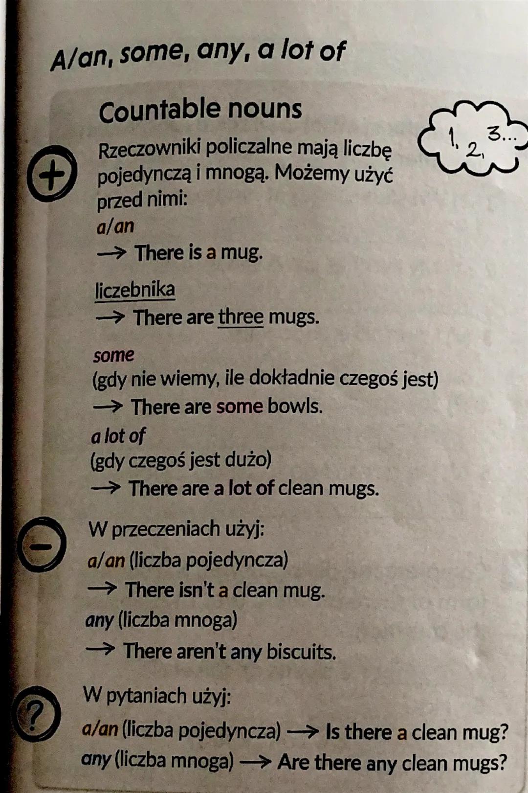 A/an, some, any, a lot of
Countable nouns
Rzeczowniki policzalne mają liczbę
+pojedynczą i mnogą. Możemy użyć
przed nimi:
alan
→There is a m
