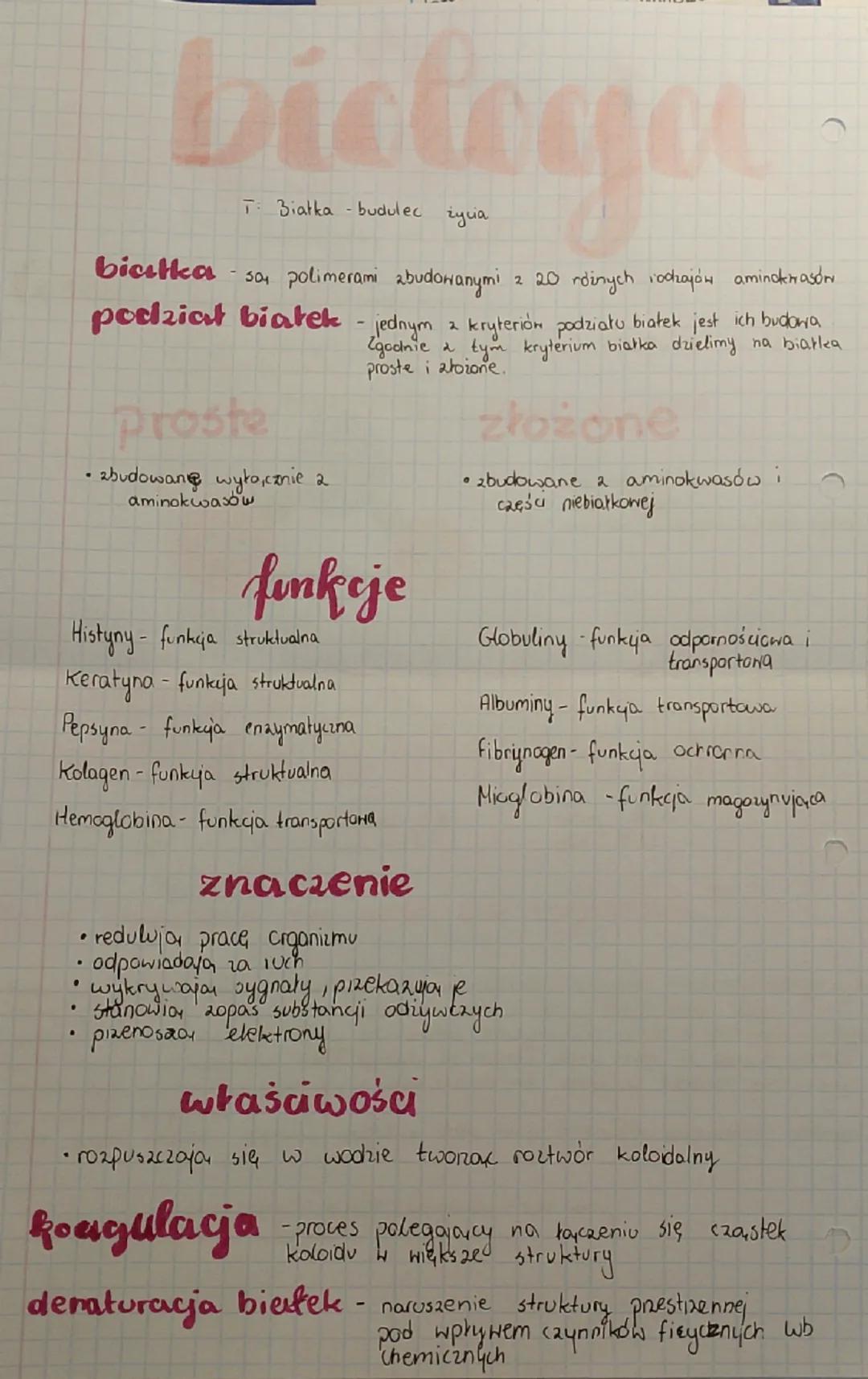 --- OCR Start ---
biologa
T Białka - budulec życia
bicłka - są polimerami zbudowanymi z 20 różnych rodzajów aminokwasów
podział białek - jed
