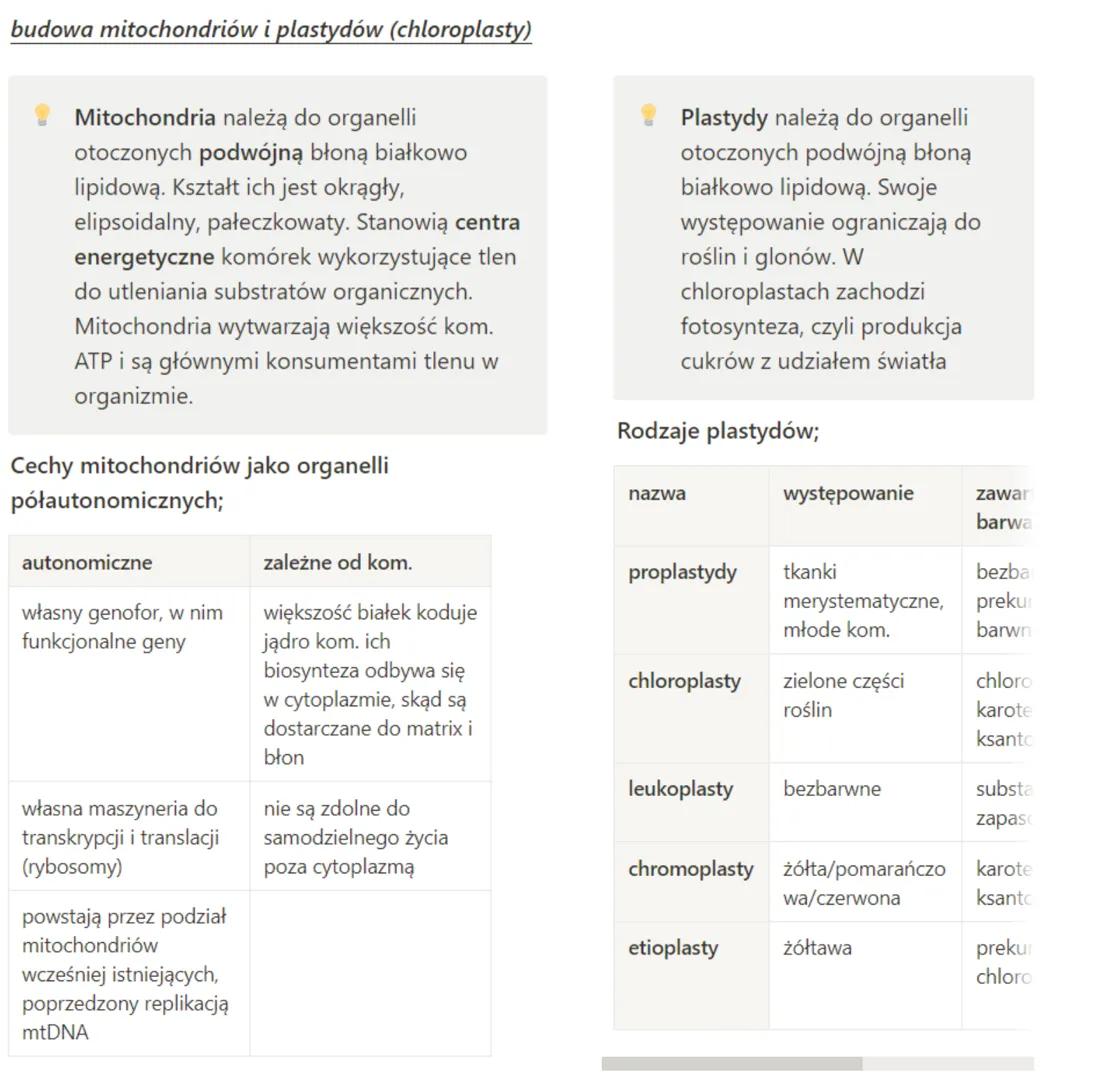 # budowa mitochondriów i plastydów (chloroplasty)

*   Mitochondria należą do organelli
otoczonych podwójną błoną białkowo
lipidową. Kształt