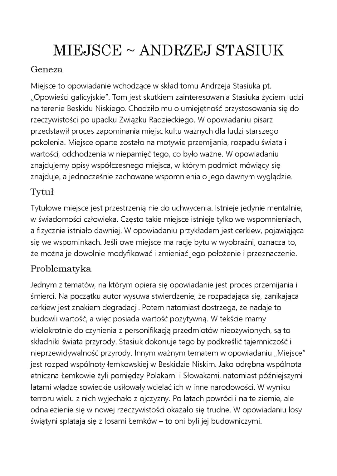 Miejsce - Andrzej Stasiuk Tekst, PDF, Streszczenie i Opracowanie