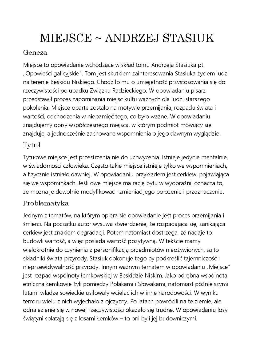 Miejsce - Andrzej Stasiuk Tekst, PDF, Streszczenie i Opracowanie