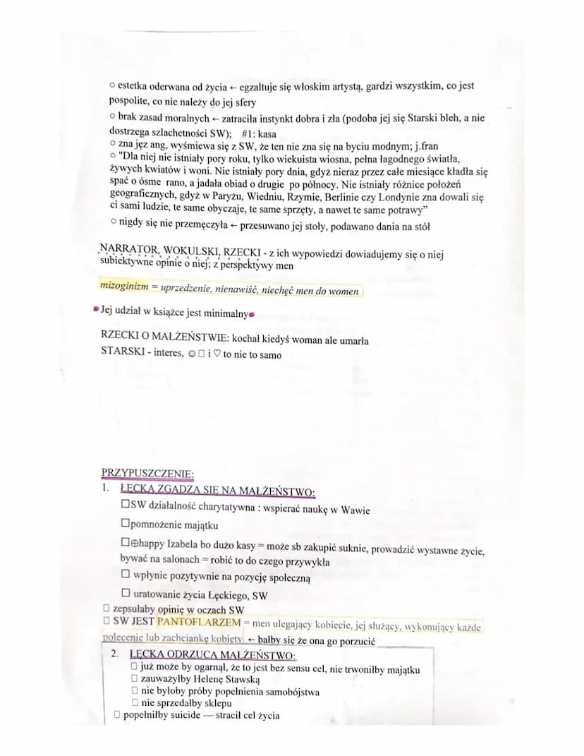IZABELA ŁĘCKA:
• PRZEDSTAWIENIE:
o córka Tomasza Łęckiego, ukochana SW; mieszka z ojcem i kuzynką Florentyną
o zubożała arystokratka ; 25 la