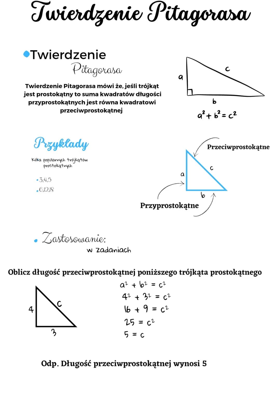 Twierdzenie Pitagorasa
●Twierdzenie
Pitagorasa
Twierdzenie Pitagorasa mówi że, jeśli trójkąt
jest prostokątny to suma kwadratów długości
prz