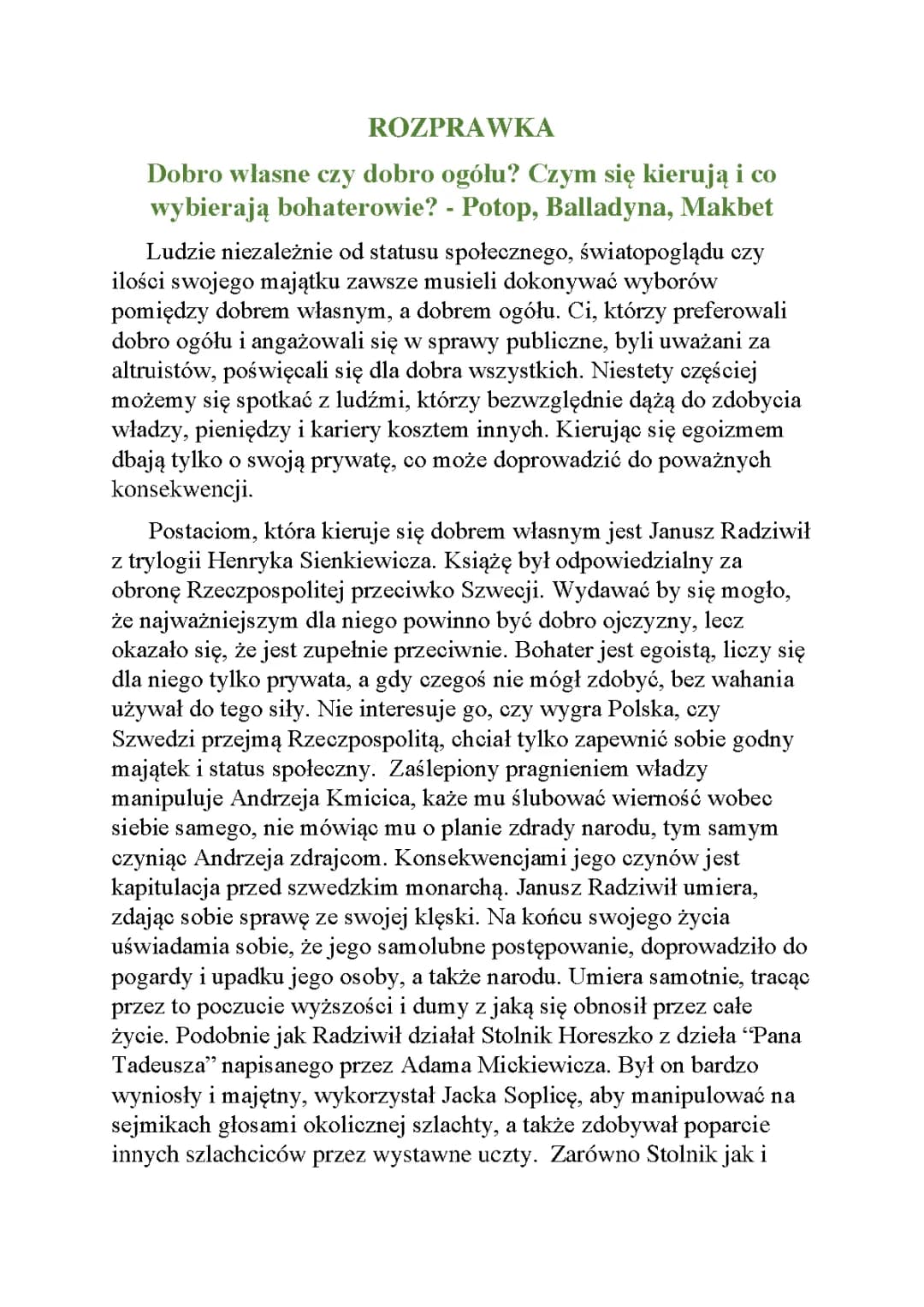 Dobro własne czy dobro ogółu? Przykłady z lektur: Potop, Balladyna, Makbet i więcej