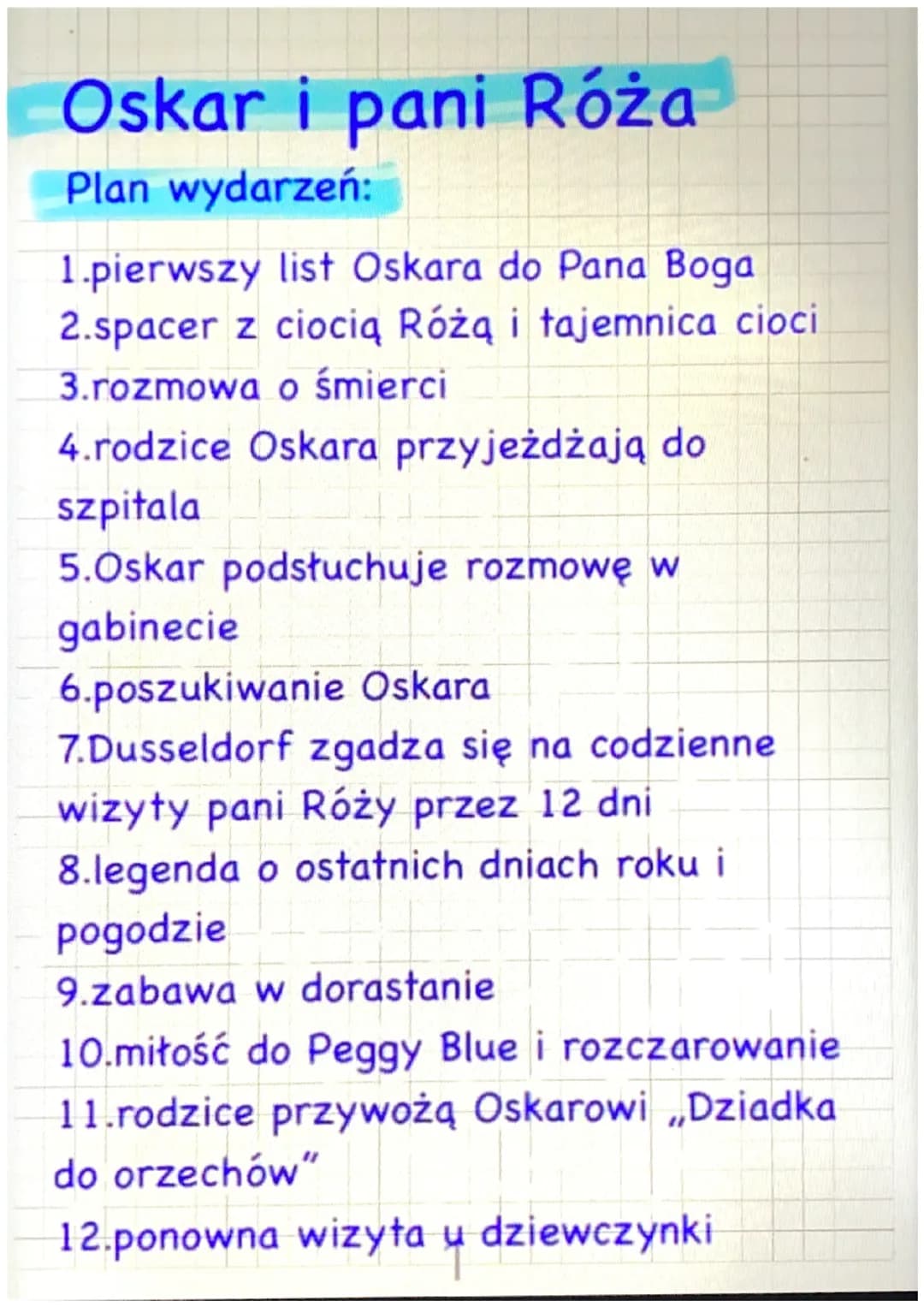 Oskar i pani Róża
Plan wydarzeń:
1.pierwszy list Oskara do Pana Boga
2.spacer z ciocia Różą i tajemnica ciocil
3.rozmowao śmierci
4.rodzice 