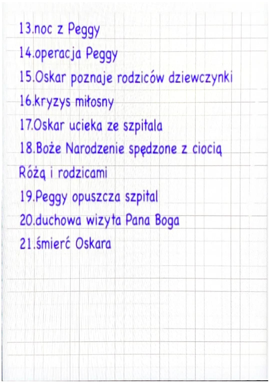Oskar i pani Róża
Plan wydarzeń:
1.pierwszy list Oskara do Pana Boga
2.spacer z ciocia Różą i tajemnica ciocil
3.rozmowao śmierci
4.rodzice 