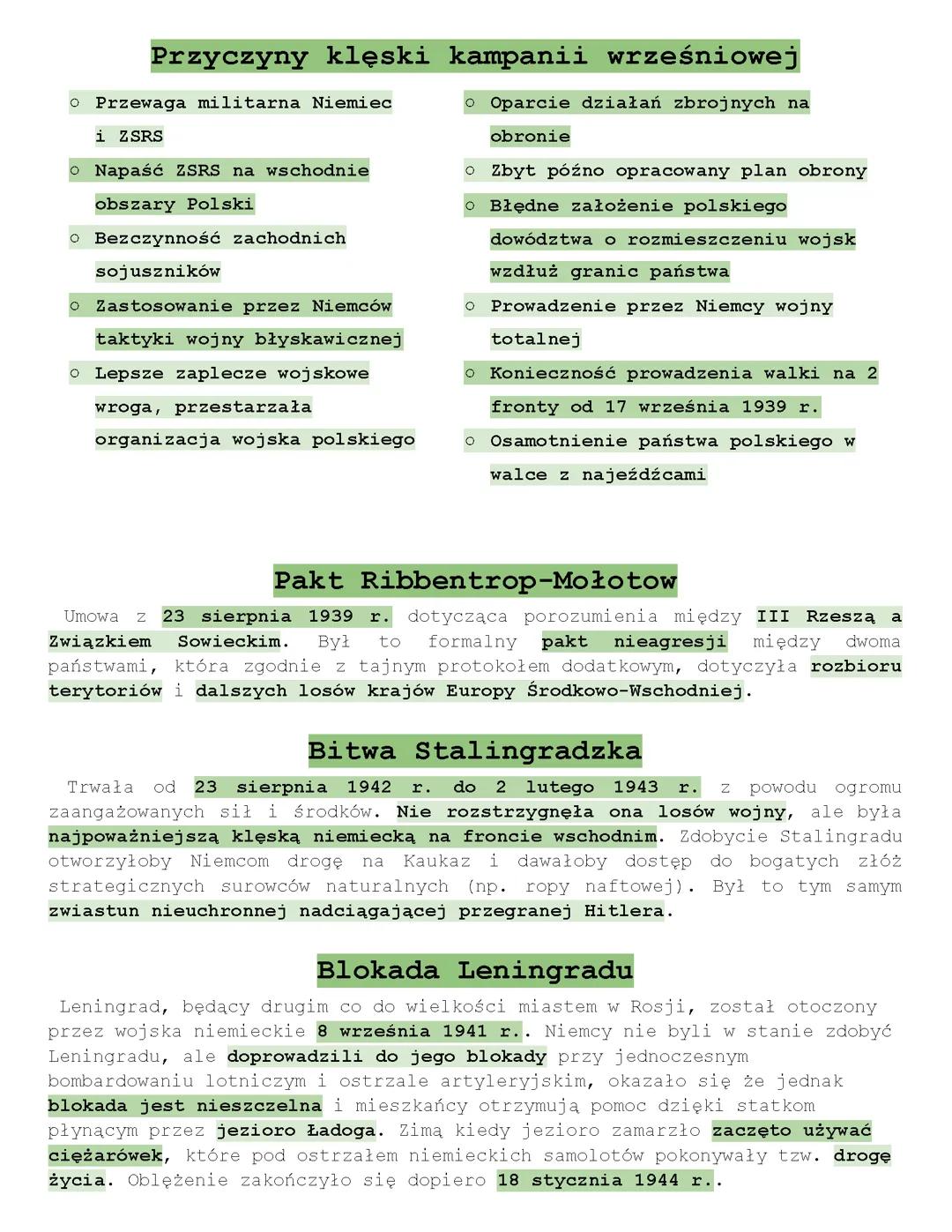 Historia - Przyczyny klęski kampanii wrześniowej, Pakt Ribbentrop-Mołotow, Bitwa Stalingradzka, Blokada Leningradu, “Dziwna wojna”, Koalicja antyhitlerowska