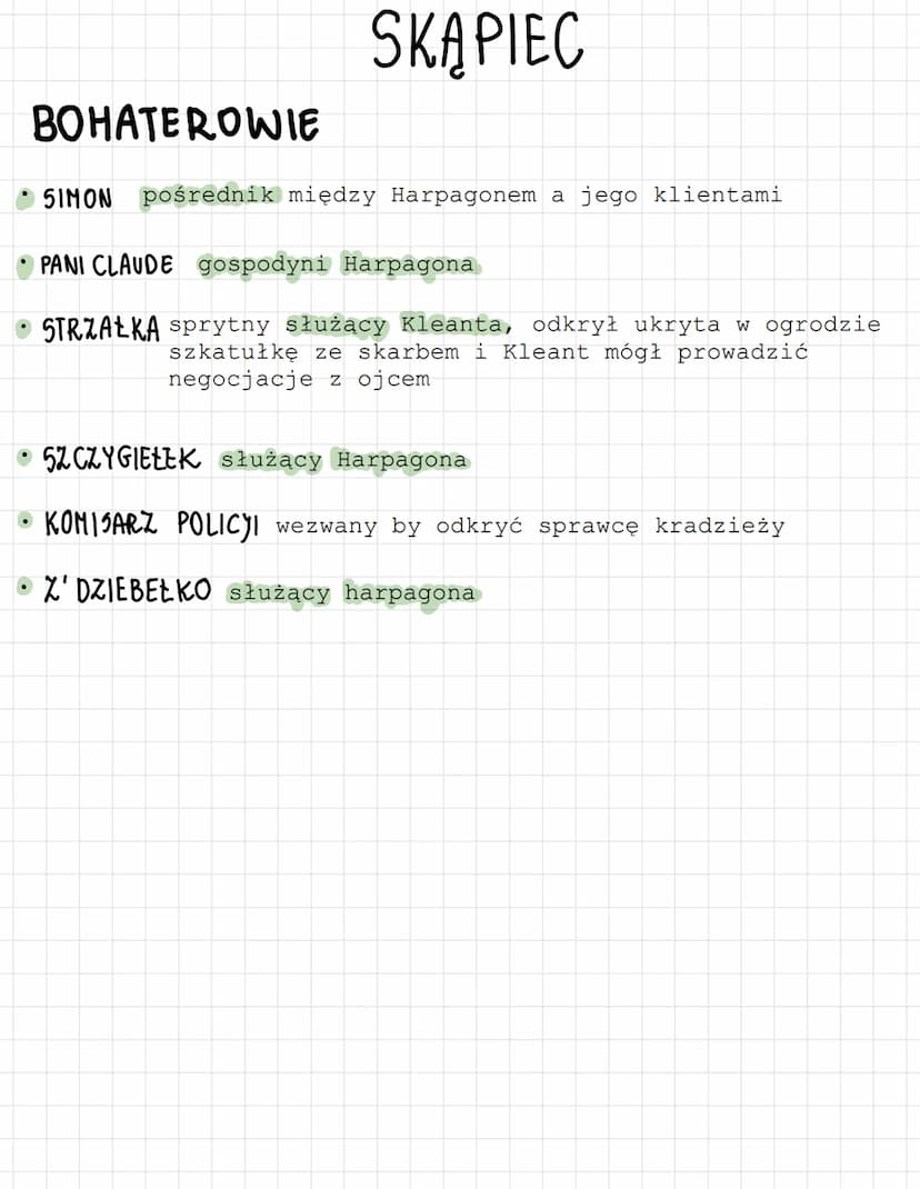SKAPIEC
HARPAGON
około 60 letni mężczyzna, ojciec Elizy i Kleanta. Jest
zamożny. Jedyną jego namiętnością są pieniądze. Im tylko
poświęca uw