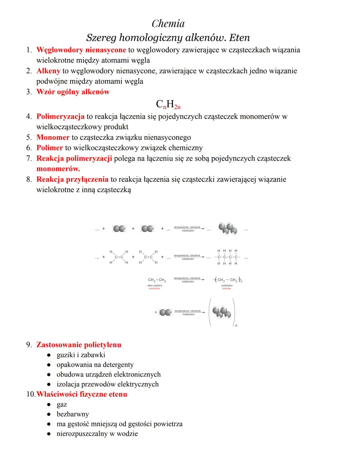 Chemia
Szereg homologiczny alkenów. Eten
1. Węglowodory nienasycone to węglowodory zawierające w cząsteczkach wiązania
wielokrotne między at