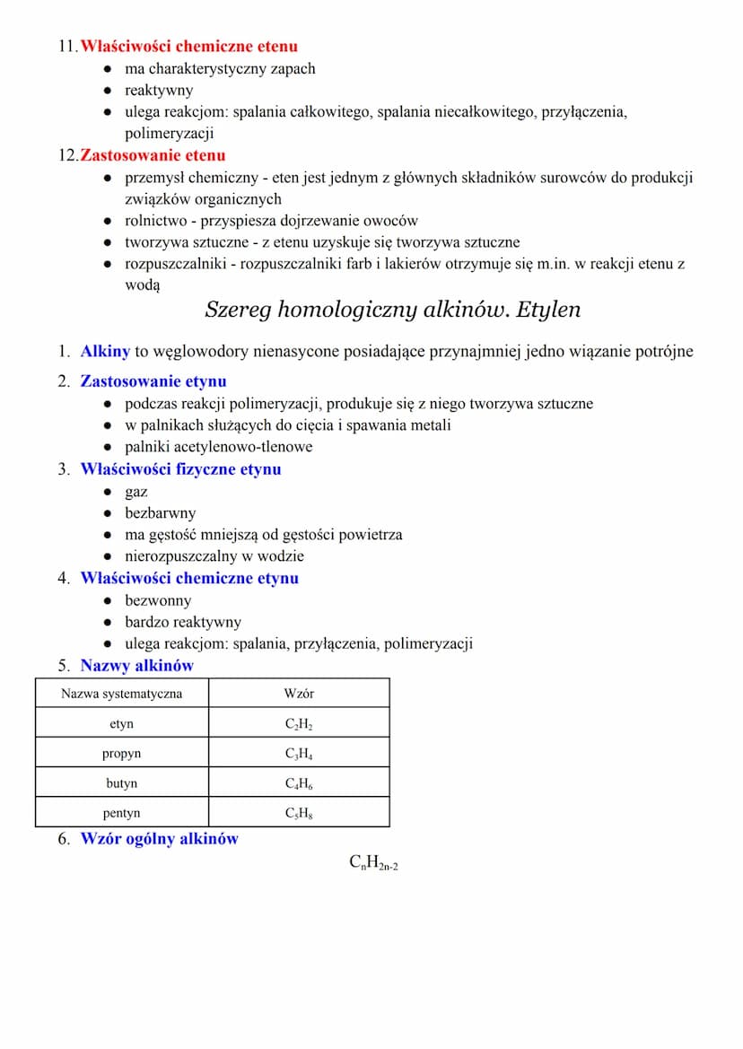 Chemia
Szereg homologiczny alkenów. Eten
1. Węglowodory nienasycone to węglowodory zawierające w cząsteczkach wiązania
wielokrotne między at