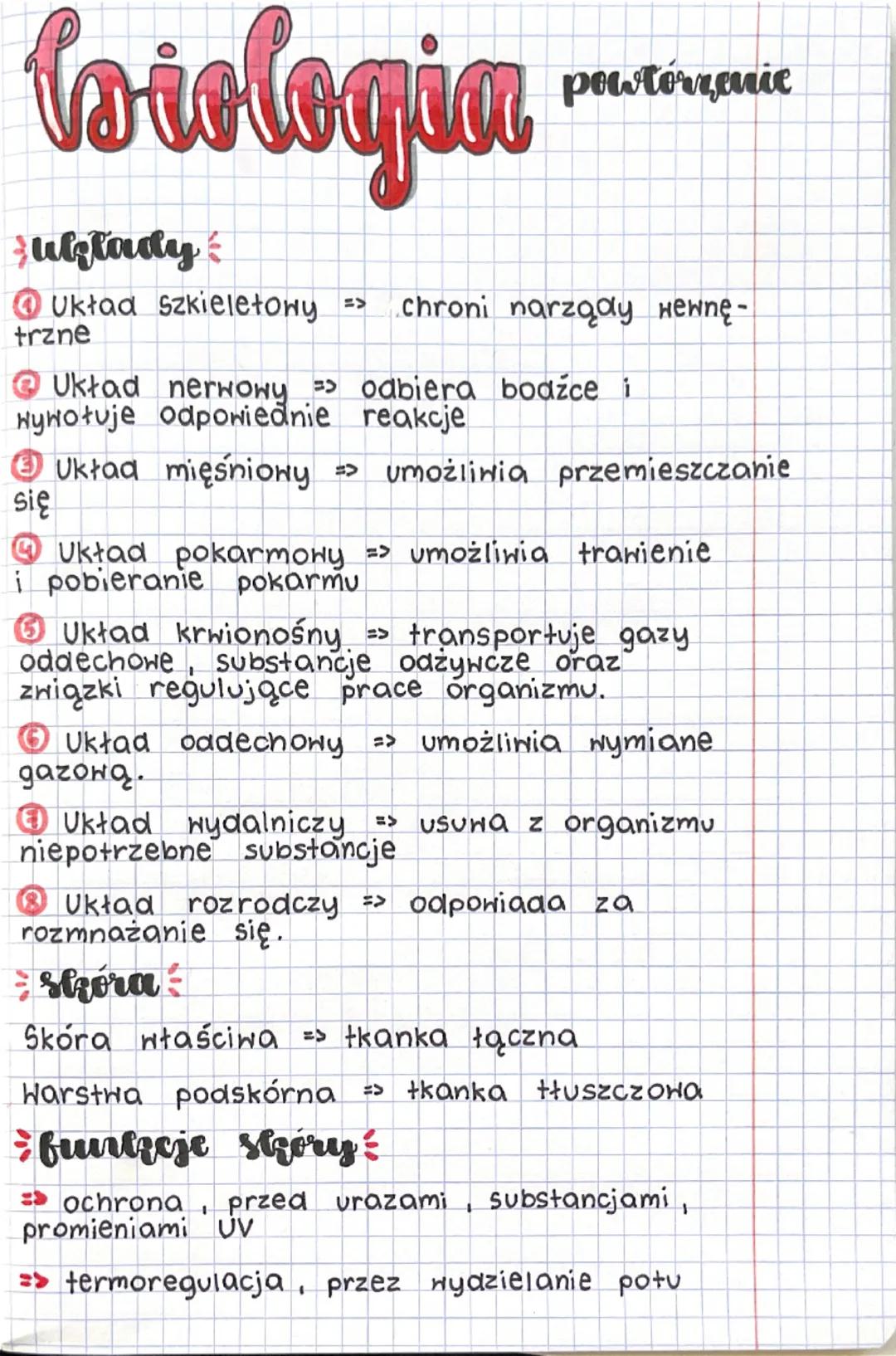 ## biologia

### układy

1. Układ szkieletowy => chroni narządy wewnętrzne
2. Układ nerwowy => odbiera bodźce i wywołuje odpowiednie reakcje
