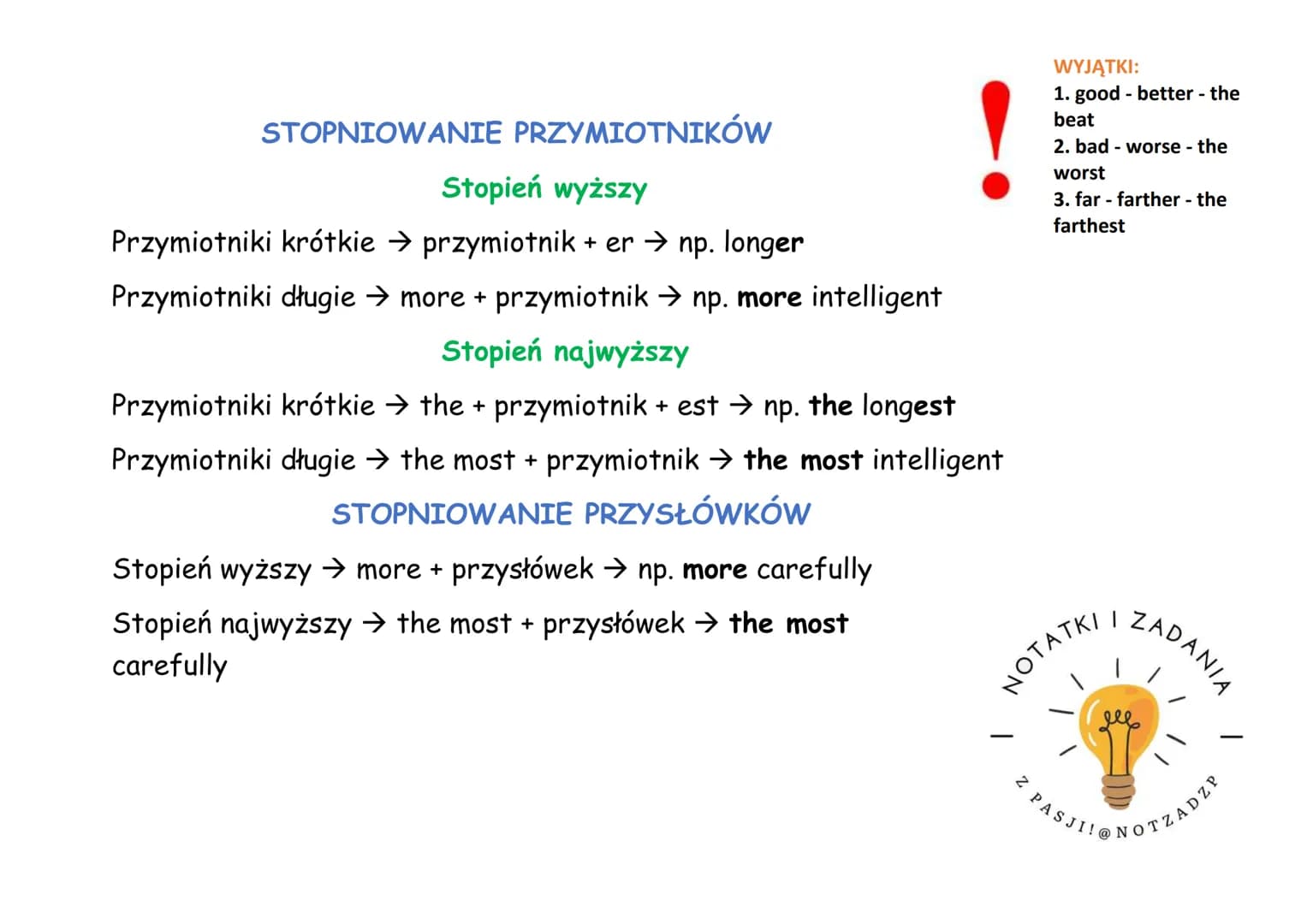 STOPNIOWANIE PRZYMIOTNIKÓW
Stopień wyższy
Przymiotniki krótkie → przymiotnik + er → np. longer
Przymiotniki długie → more + przymiotnik → np