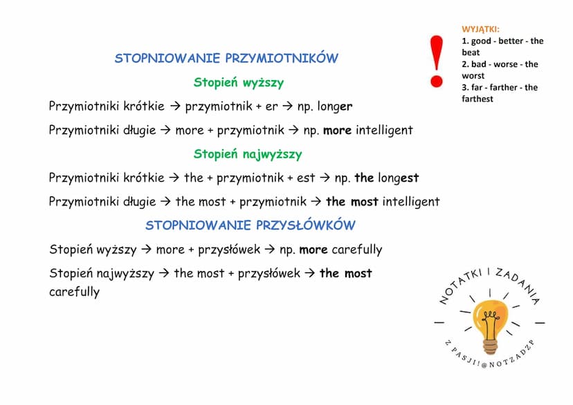Stopien Rowny Wyzszy Najwyzszy Angielski Stopniowanie Przymiotników Angielski: Ćwiczenia, Tabela, PDF i Quiz