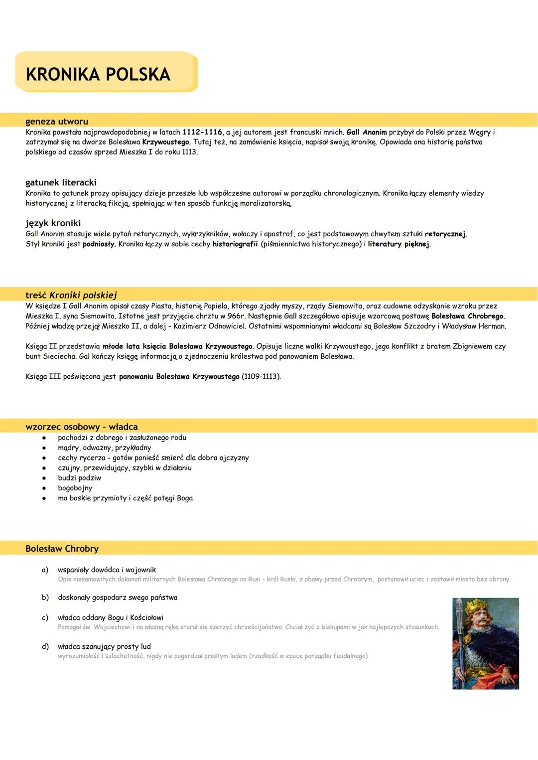 KRONIKA POLSKA
geneza utworu
Kronika powstała najprawdopodobniej w latach 1112-1116, a jej autorem jest francuski mnich. Gall Anonim przybył