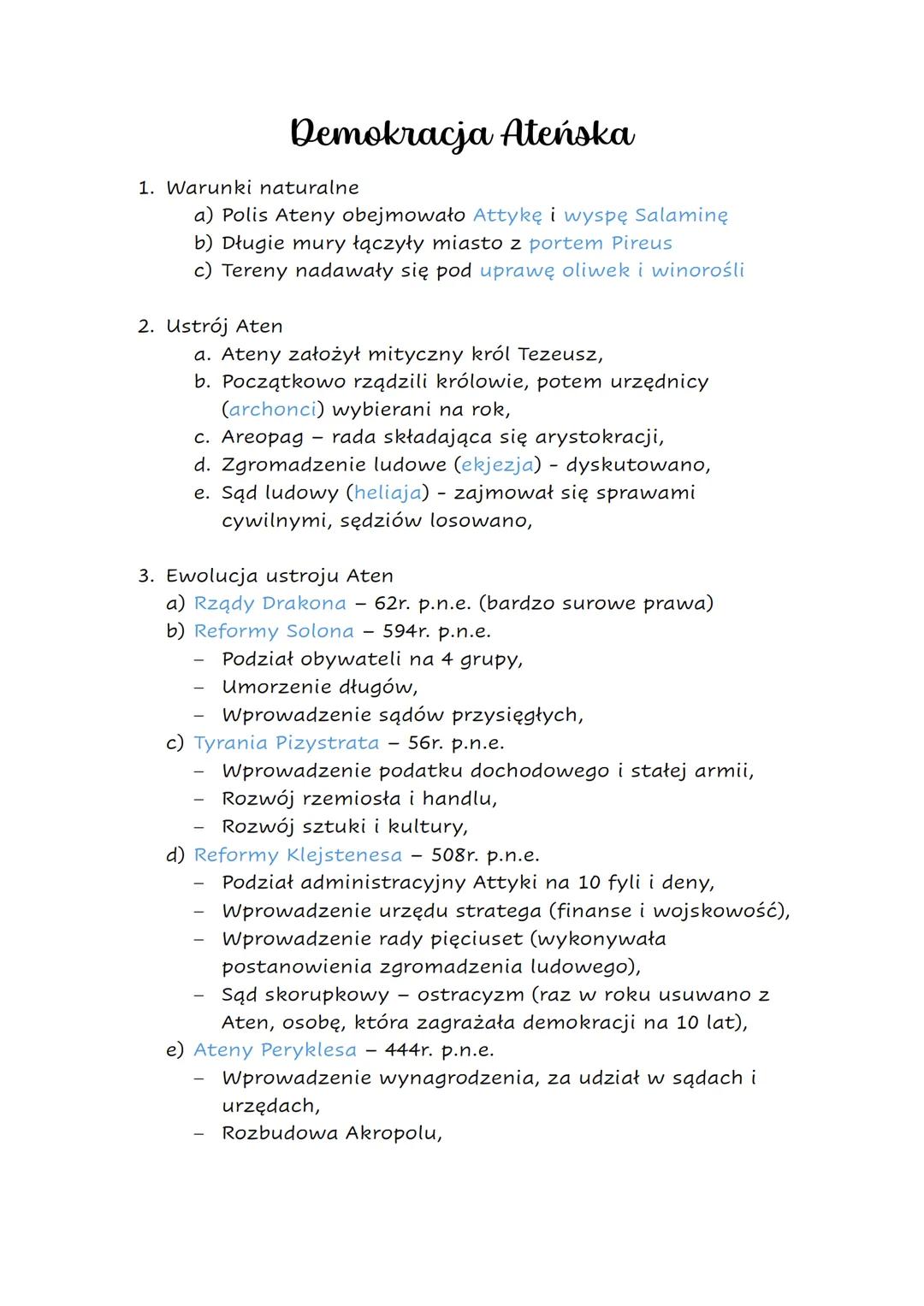 # Demokracja Ateńska

1. Warunki naturalne
   a) Polis Ateny obejmowało Attykę i wyspę Salaminę
   b) Długie mury łączyły miasto z portem Pi